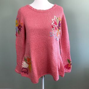 Amano Floral Sweater Womens S/M Pink Cotton Knit Embroidered Crochet Trim Boho